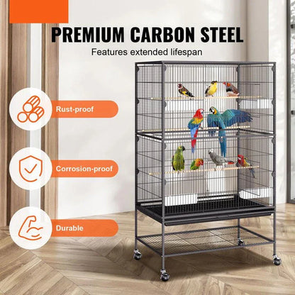 A large, spacious bird cage made of premium carbon steel, featuring smooth-rolling wheels and a removable slide-out tray for easy cleaning.