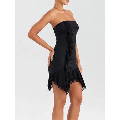 Elegant strapless ruffled mini dress in black featuring a bodycon silhouette and backless design for a chic, glamorous look.