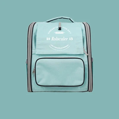 Breathable Oxford cloth pet carrier bag in grey, yellow, and blue colors with double-shoulder straps for comfortable carrying