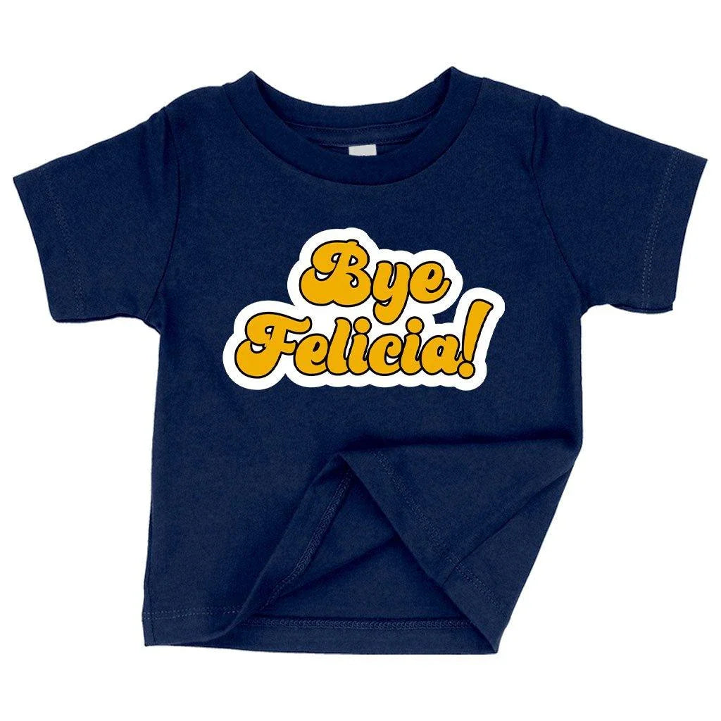 Adorable Bye Felicia baby t-shirt made with soft Airlume cotton for comfortable fit from 3-24 months