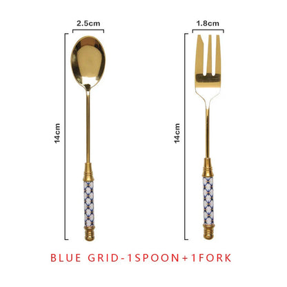 Elegant vintage gold and ceramic coffee, dessert fork and spoon set with hand-painted classical designs