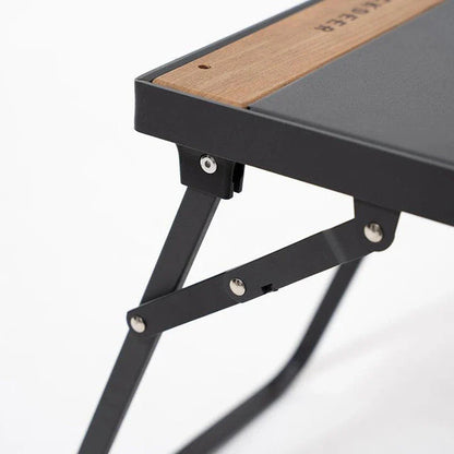 Portable Camping Folding Table with Integrated BBQ Grill made of Aluminum Alloy and Wood, perfect for outdoor adventures and picnics