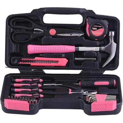 Versatile 39-Piece Pink Household Tool Kit with essential tools for home, office, and DIY projects
