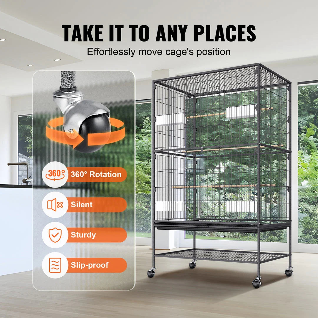 A large, spacious bird cage made of premium carbon steel, featuring smooth-rolling wheels and a removable slide-out tray for easy cleaning.