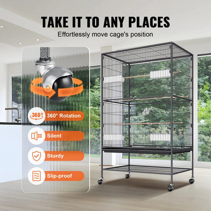 A large, spacious bird cage made of premium carbon steel, featuring smooth-rolling wheels and a removable slide-out tray for easy cleaning.