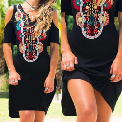 A stylish off-the-shoulder dress with an adjustable V-neck, made from a comfortable cotton blend fabric in a mid-length silhouette.