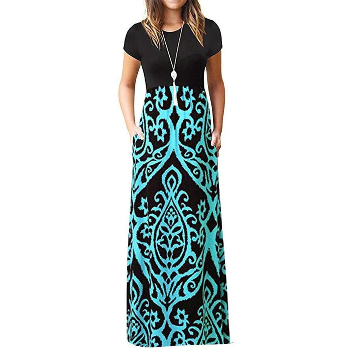 Stylish Bohemian dress with a vibrant collage-inspired print and milk silk fabric