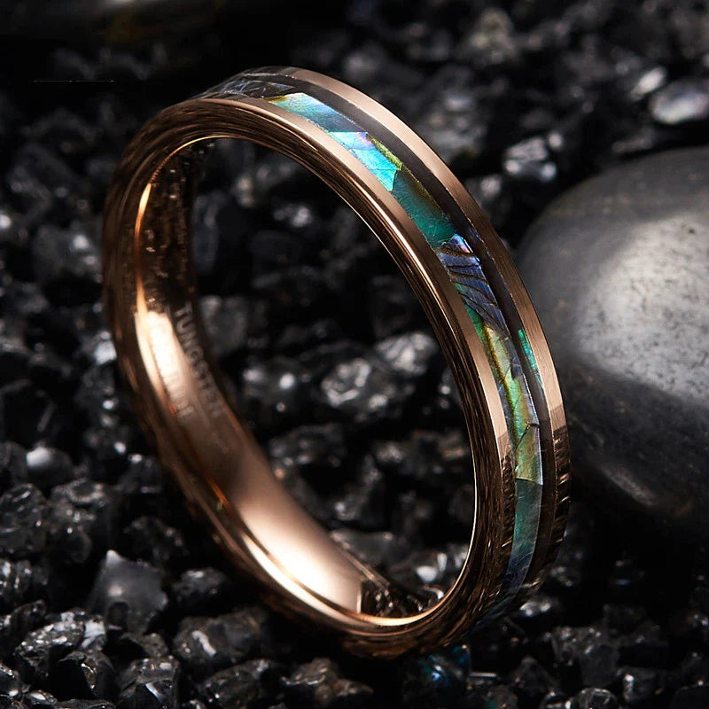 Rose Gold Plated Abalone Shell Ring with Elegant Design and Iridescent Finish