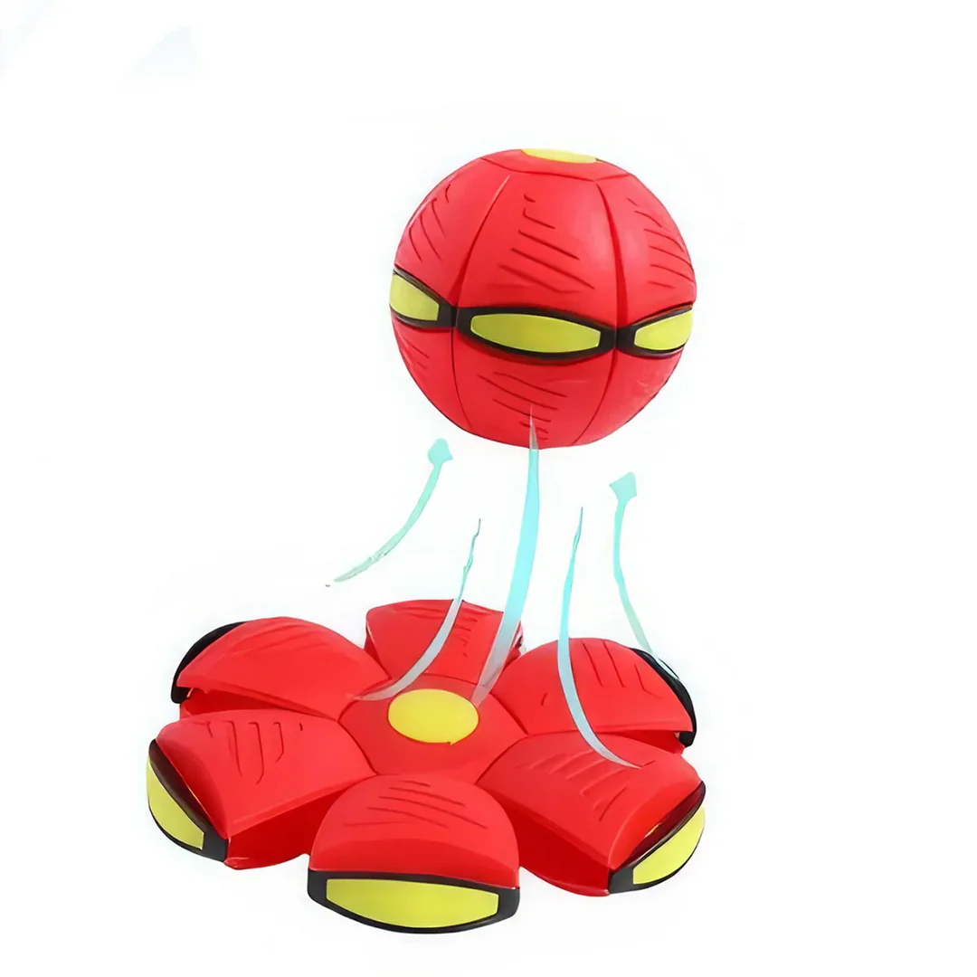 Transforming dog toy with UFO-shaped ball that changes shape for interactive outdoor play