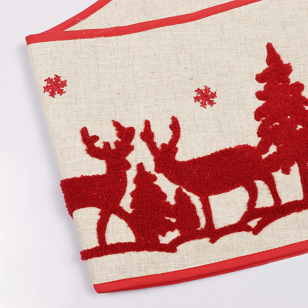 Foldable Christmas tree skirt with decorative elk design, made of high-quality linen for a cozy, inviting holiday atmosphere.