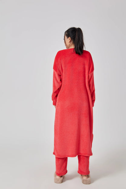 Cozy 3-piece loungewear set in pastel colors including crop top, wide-leg pants, and matching cardigan