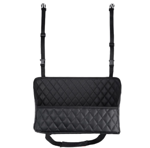 Quilted polyurethane leather car storage bag with adjustable straps for securing to front headrests