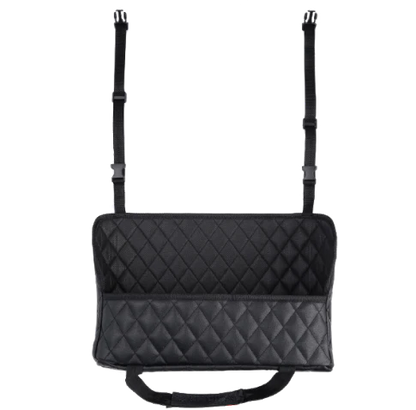 Quilted polyurethane leather car storage bag with adjustable straps for securing to front headrests
