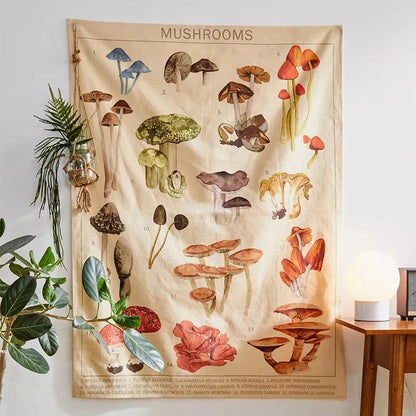 Botanical mushroom tapestry wall hanging with vibrant floral prints and educational mushroom illustrations