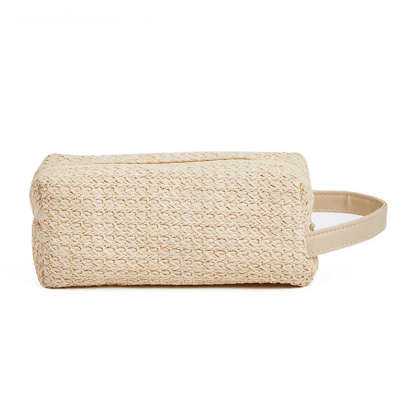 Elegant and Practical Cosmetic Bag made from high-quality straw material with a unique knitting pattern, providing ample storage and a stylish accessory for modern women.