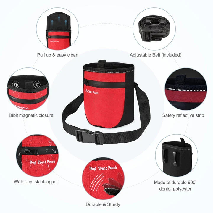 A durable and waterproof dog treat pouch with a magnetic closure, large capacity, and versatile wearing options for hands-free training sessions.