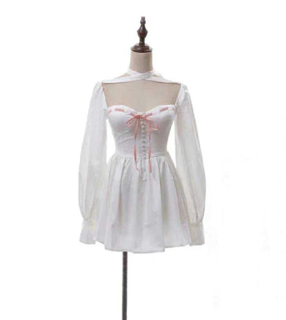 Retro Balloon Sleeve Midi Dress in white with micro-bubble shoulder line and fluffy skirt