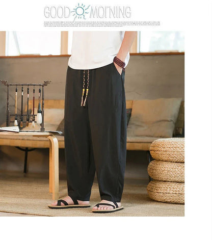 Men's Chinese-inspired harem pants made of luxurious ice silk fabric with a relaxed, draped silhouette