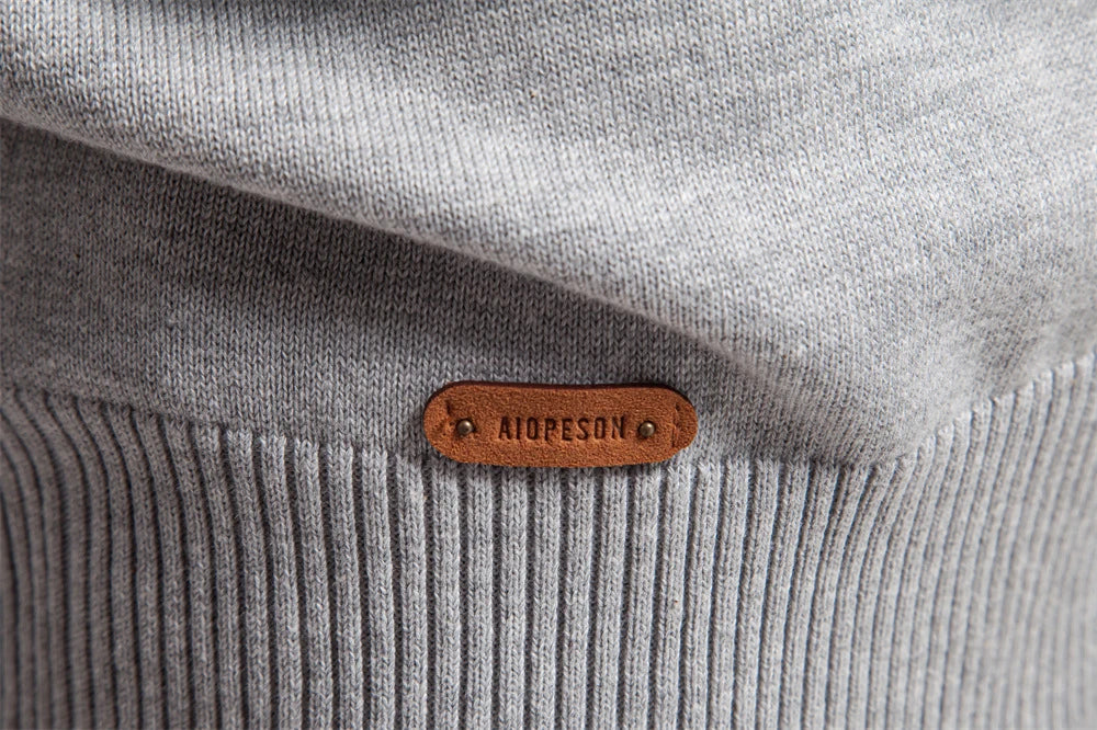 Cozy autumn and winter half-zip sweater in green, dark blue, khaki, and light gray colors