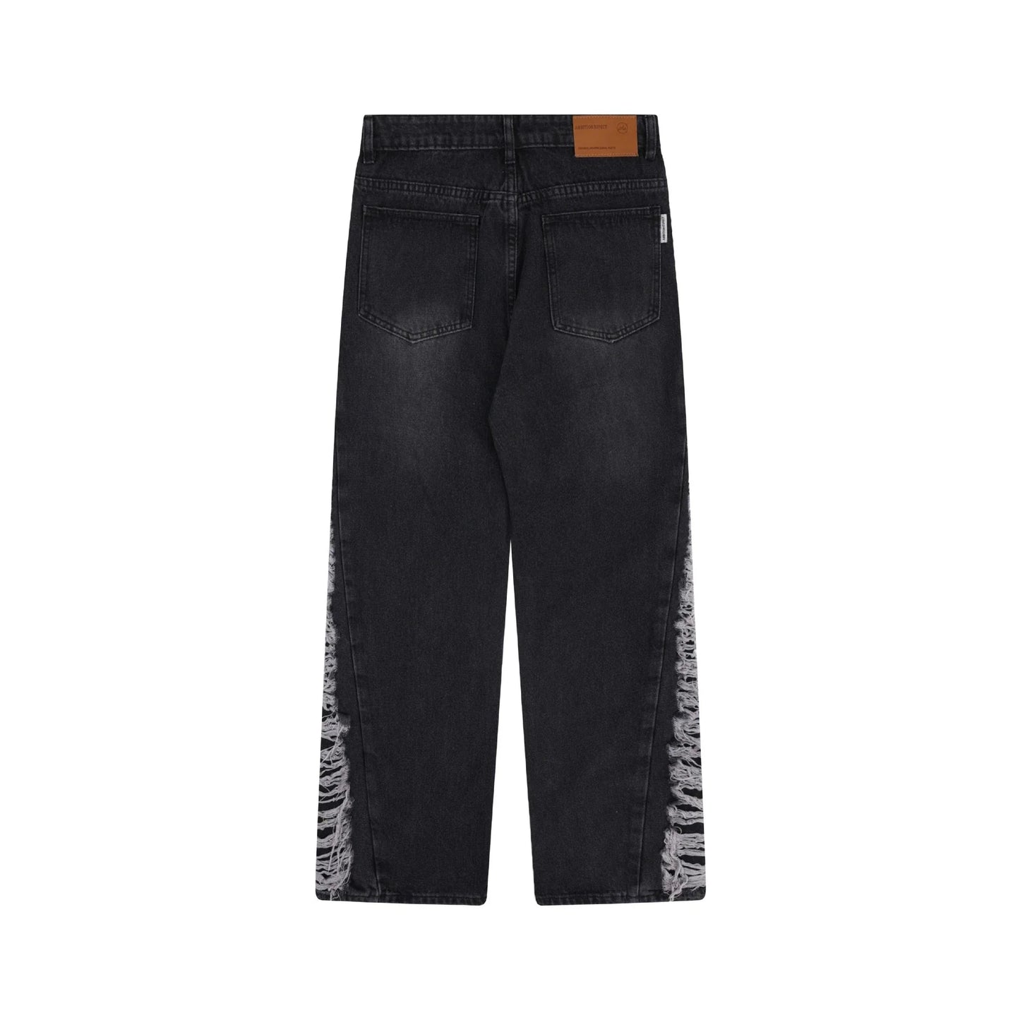 Premium loose fit distressed denim trousers for men and women, featuring a relaxed silhouette, high-quality cotton construction, and trendy distressed details.