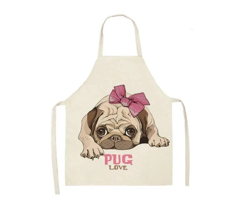 Charming pug-themed apron with a vibrant print, made of durable cotton and linen materials for practical kitchen use.