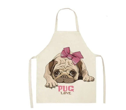 Charming pug-themed apron with a vibrant print, made of durable cotton and linen materials for practical kitchen use.