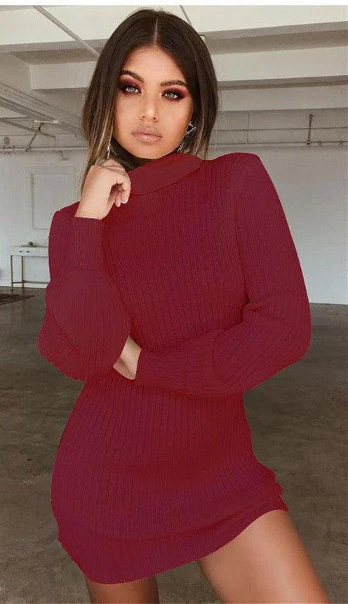 Cozy long sleeve ribbed knit casual dress in solid colors for everyday wear and comfort