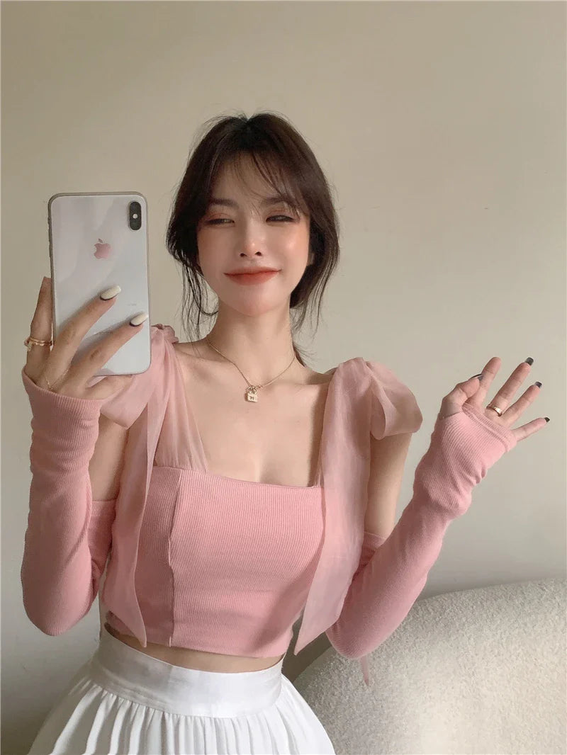 Chic knitted white tank top with bow accent, one size fits all, premium polyester fabric