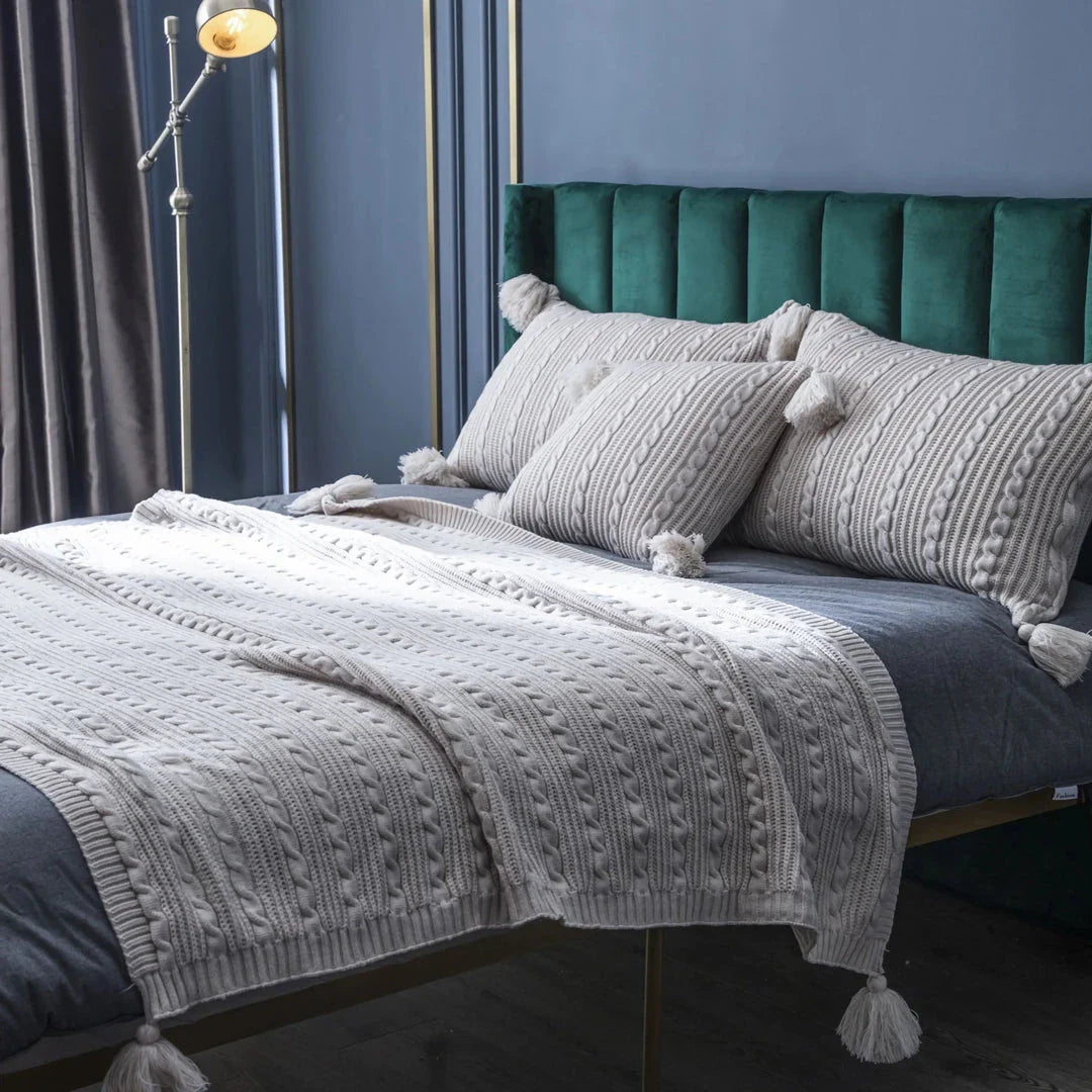 Elegant striped and tassel cushion cover in various sizes and colors for beds, sofas, and home decor
