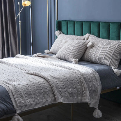 Elegant striped and tassel cushion cover in various sizes and colors for beds, sofas, and home decor
