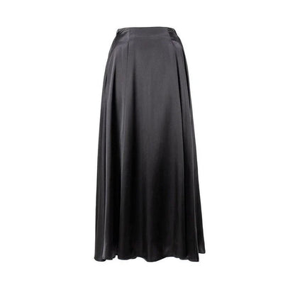 Elegant high-waisted satin maxi skirt in black for women, showcasing a flowing, sophisticated silhouette.