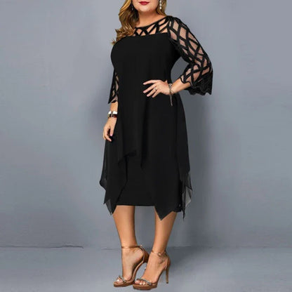 Stylish chiffon dress with lace splicing, irregular hemline, and seven-minute sleeves in black, purple, and dark green colors