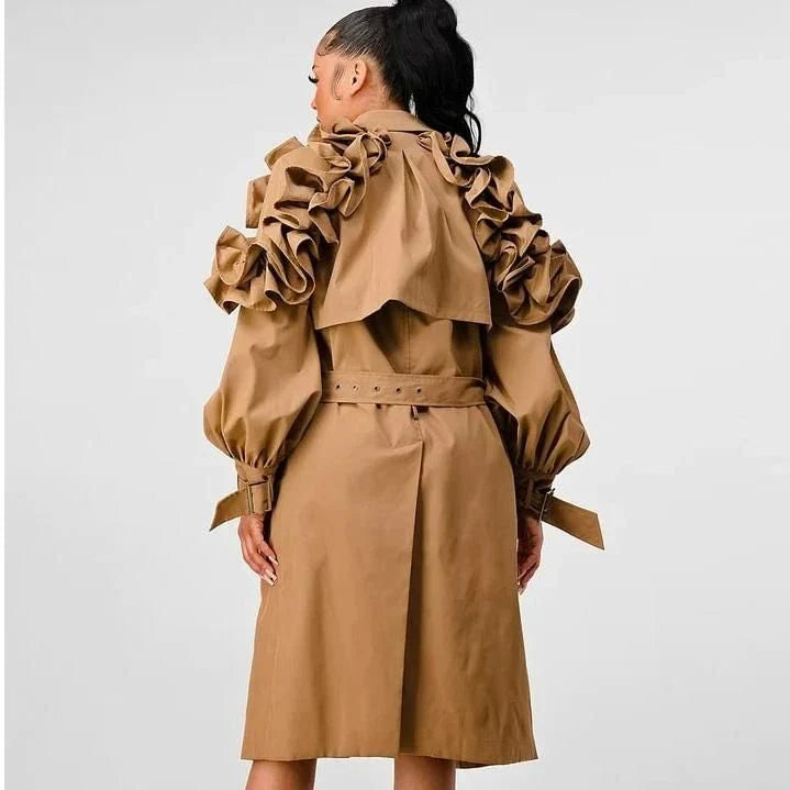 Frill Trim Windbreaker in Khaki color, featuring a turn-down collar and ruffle trim details for a sophisticated and timeless look.
