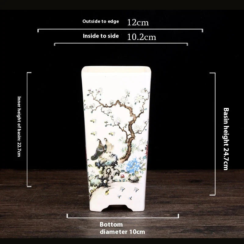 Elegant square ceramic planter in white with a Chinese-inspired design, suitable for indoor plants like asparagus fern and orchid.