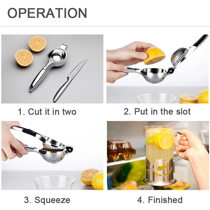 A high-quality manual lemon squeezer made of durable stainless steel, designed for effortless juicing of citrus fruits.