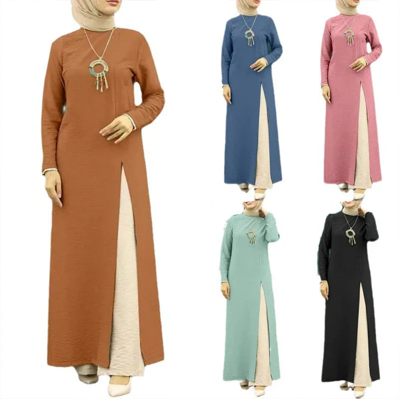 Elegant polyester dress with long sleeves, high slit hem, and available in caramel, black, blue, green, and pink colors