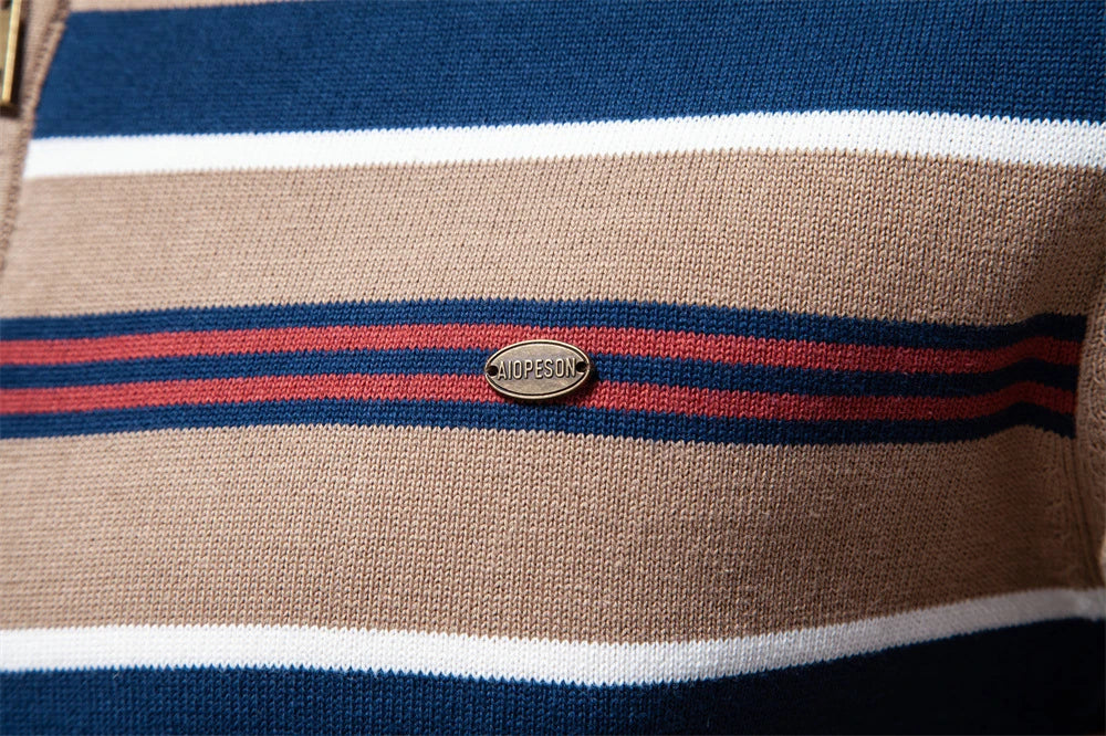 Cozy autumn and winter half-zip sweater in green, dark blue, khaki, and light gray colors