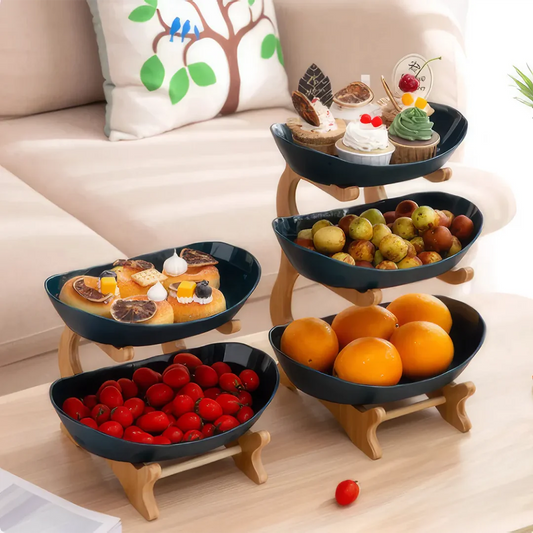 Three-tier plastic and bamboo fruit display tray with unique leaf-shaped design, available in white, beige, and green colors