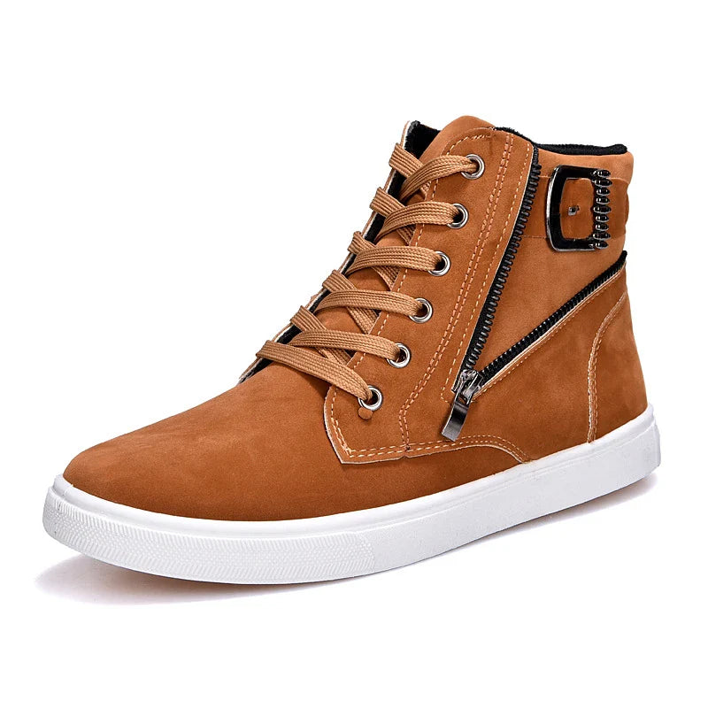 Stylish men's suede sneakers with a belt buckle detail, available in yellow, black, and dark blue colors.