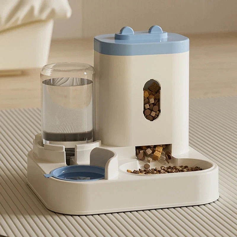 Automatic 2-in-1 Pet Feeder and Water Dispenser in various colors - grey, yellow, blue, and pink - with large capacity and self-refilling design