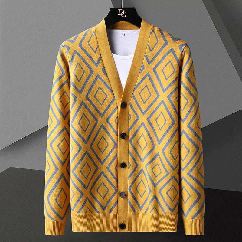 Premium knitted cardigan sweater for men in various classic color options, featuring a soft, comfortable blend of materials and a modern, tailored fit.