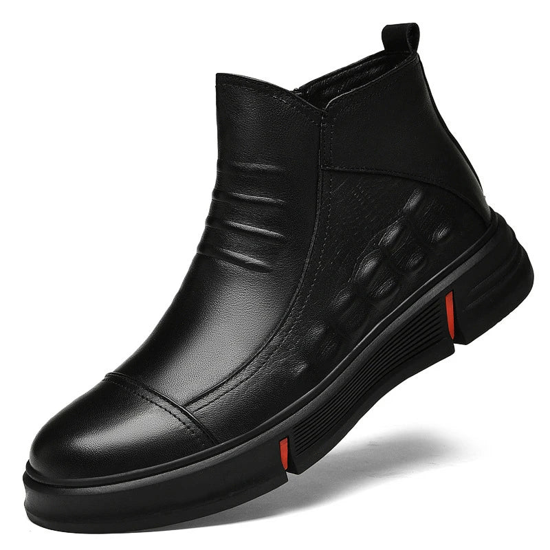 Premium casual leather boots for men in a durable martin boot style with a black color and rubber sole