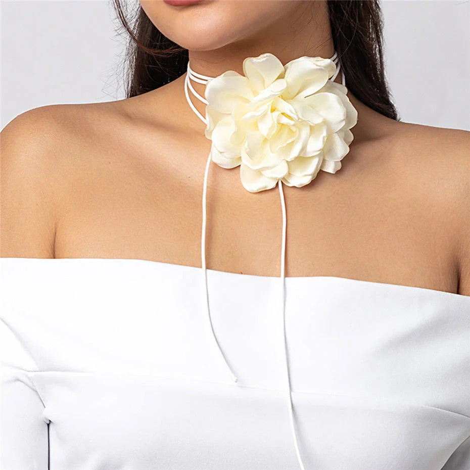 Elegant Rose Flower Statement Choker Necklace for Women - Premium French Velvet, Adjustable Fit, Bold Floral Pendant
