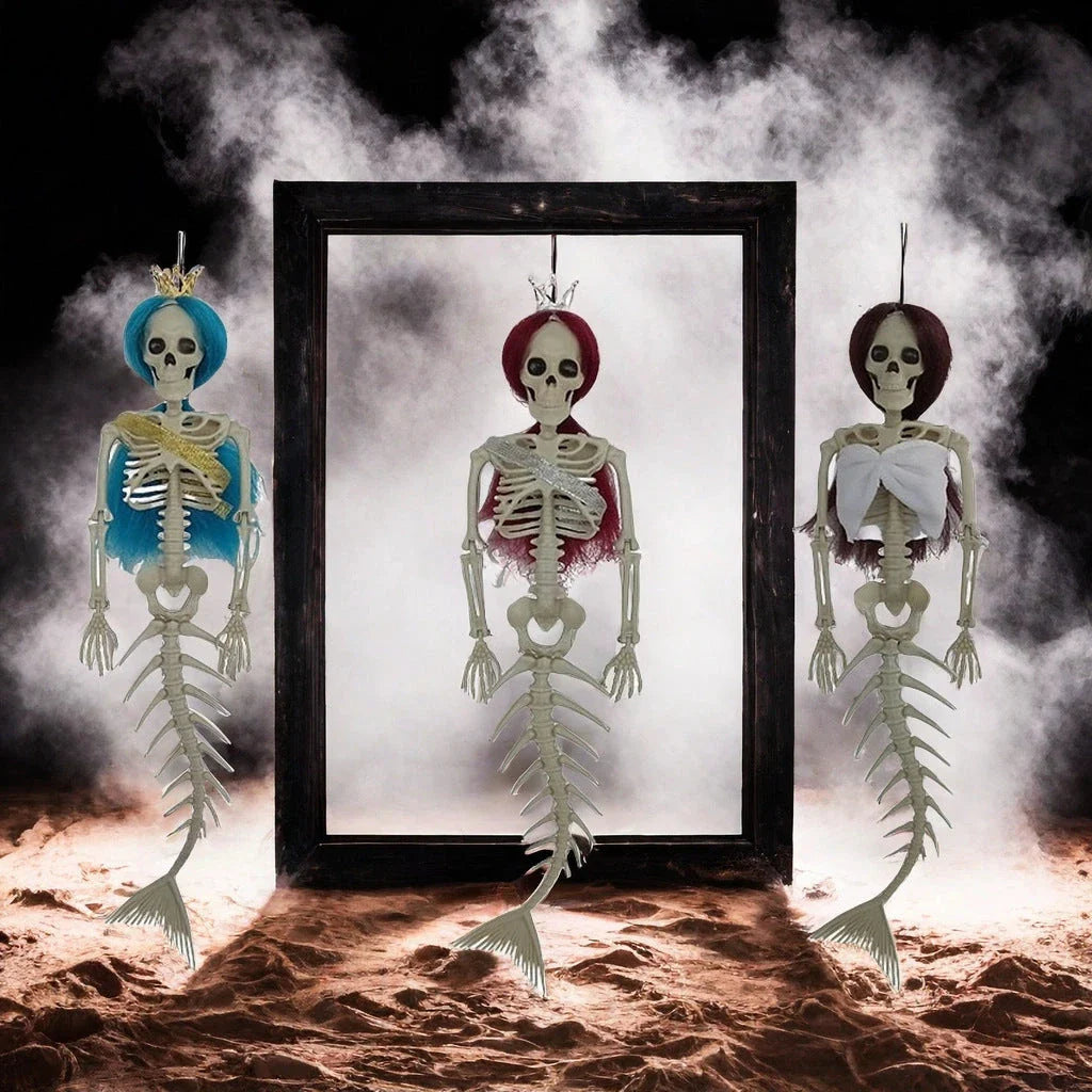 Mermaid bone pendant in various colors, including brown, dark purple, burgundy, and lake blue, hanging outdoors for Halloween decoration