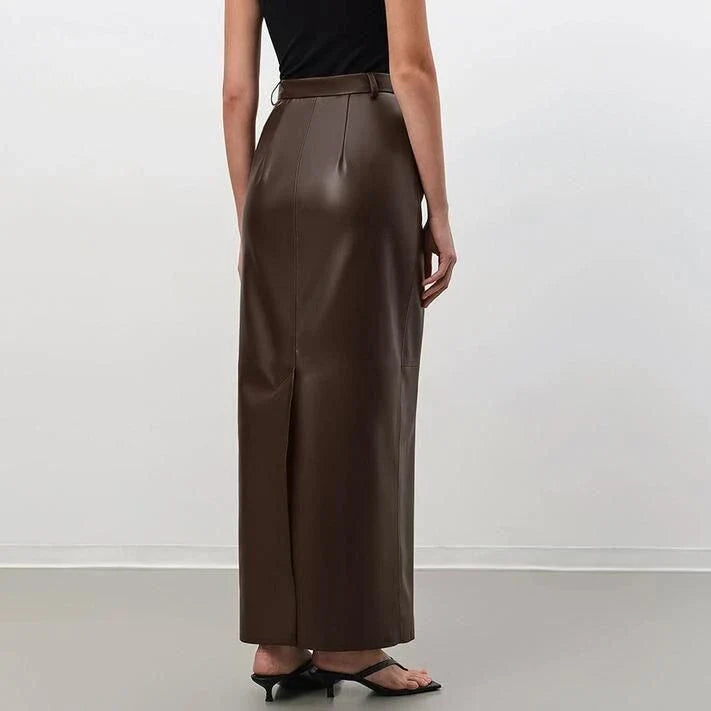 Elegant ankle-length faux leather skirt in vintage brown color, featuring a straight silhouette and empire waistline for a flattering fit.