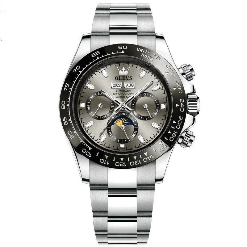 Elegant automatic men's watch with stainless steel case and adjustable bracelet, showcasing precise timekeeping and versatile design.