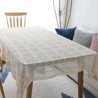 Rectangular cotton lace tablecloth in beige color with elegant lace pattern, available in various sizes for home dining
