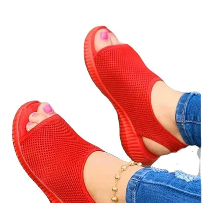 Breathable mesh sports sandals with thick rubber soles, fish mouth toe design, and elastic band for easy wear