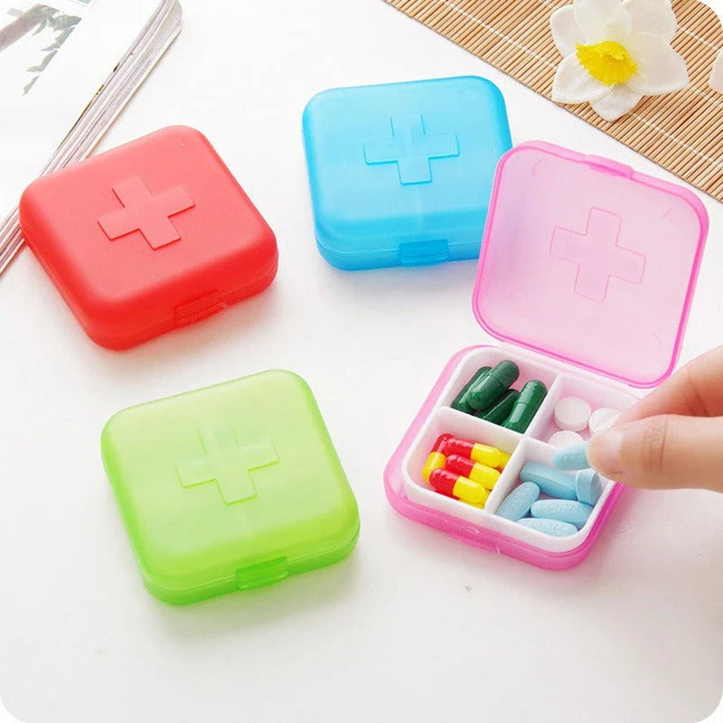 Compact 4-compartment pill organizer in various colors - blue, green, pink, and red