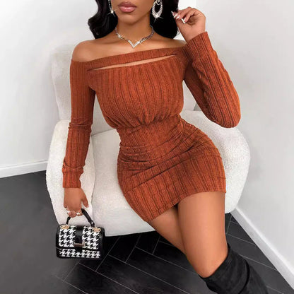 Alluring long sleeve midi dress in a solid brown color, featuring a sleek silhouette and nine-quarter sleeve length for sophisticated style.